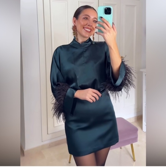 Zara Feather Satin Short Dress - Picture 9 of 16
